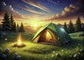 A Whimsical Cartoon Camping Trip Friendly Campers Gather Around a Cozy Campfire Under a Starry Summer Night