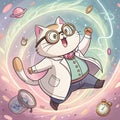 Whimsical Cartoon Cat Scientist in Motion Royalty Free Stock Photo