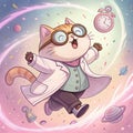 Whimsical Cartoon Cat Scientist in Motion Royalty Free Stock Photo