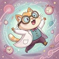 Whimsical Cartoon Cat Scientist in Motion Royalty Free Stock Photo