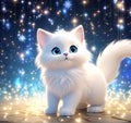 Whimsical Cartoon Character: White Cat with a Silver Coat and Sparkling Blue Eyes