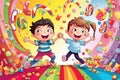 Whimsical Cartoon Characters Jumping and Holding Hands in Candy-filled Fantasy World - Playful Children\'s Illustration