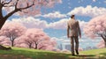 Whimsical Cartoon Of Charles Walking Among Cherry Trees