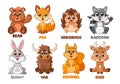 Whimsical Cartoon Forest Animal Characters. Cute Charming Bear, Fox, Hedgehog and Raccoon. Bunny, Yak, Deer, Squirrel Royalty Free Stock Photo
