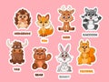 Whimsical Cartoon Forest Animal Characters Vector Stickers. Cute Charming Bear, Fox, Hedgehog and Raccoon, Patches Set