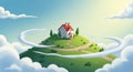 Whimsical Cartoon House Perched On A Green Hilltop Surrounded By Clouds (463 Royalty Free Stock Photo