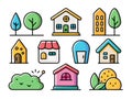 Whimsical cartoon icons showcase nature, home, and everyday objects on white Royalty Free Stock Photo