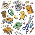 Whimsical cartoon illustrations of everyday objects with faces. Includes a smiling Royalty Free Stock Photo