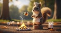Squirrel Chef Roasting Marshmallow Over Campfire, Cute Cartoon Royalty Free Stock Photo