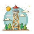 Whimsical Cartoon Lighthouse with Trees, Clouds and Stars Royalty Free Stock Photo