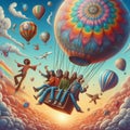A whimsical, cartoon like illustration of a group of hippies fl
