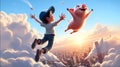 a cartoon boy and a piglet jumping flying in the air