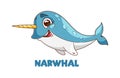 Whimsical Cartoon Narwhal Vector Character With A Spiral Horn, Bright Blue Eyes, And A Perpetual Grin