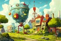 A whimsical cartoon scene of a futuristic town with a large, colorful robot hovering over houses amidst greenery under a Royalty Free Stock Photo