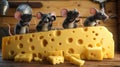 In this whimsical cartoon scene a group of mice can be seen perched atop a large block of cheese surveying the scene