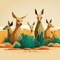 Whimsical cartoon-style group of kangaroos in grassland (generative AI)