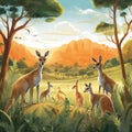 Whimsical cartoon-style group of kangaroos in grassland
