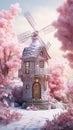 Whimsical cartoon windmill cottage nestled in a snowy pink blossom forest