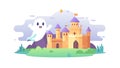 Whimsical Castle with Friendly Ghost on a Green Hill, vector design Generative AI Royalty Free Stock Photo