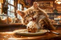 Whimsical Cat Enjoying a Delicious Cupcake in a Cozy Vintage Cafe Setting with Warm Lighting