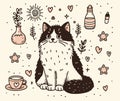 Whimsical cat playful doodle art. Charming artistic cat animal heart sketch design.