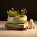 Whimsical Cats And Plants: A Delightful Tabletop Scene Royalty Free Stock Photo