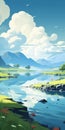 Whimsical Character Design: Serene Landscape With Mountains And Water