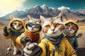 Three Cats In Aviator Suits And Aviator Glasses On The Background Of Mountains