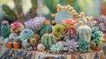 A whimsical and charming podium filled with an assortment of mini cacti and succulents each one unique in its shape and