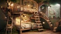 A whimsical children\'s bedroom with a treehouse bunk bed