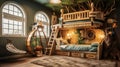 A whimsical children\'s bedroom with a treehouse bunk bed