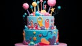 A whimsical children\'s birthday cake featuring colorful fondant shapes
