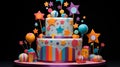 A whimsical children\'s birthday cake featuring colorful fondant shapes