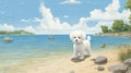 Whimsical Children\'s Book Illustration: Bichon Frise Puppy On Manitoba\'s Shore