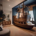 A whimsical childrens bedroom designed as a pirate ship with nautical decor and bunk beds3