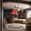 A whimsical childrens bedroom designed as a pirate ship with nautical decor and bunk beds1