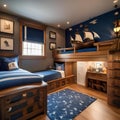 A whimsical childrens bedroom designed as a pirate ship with nautical decor and bunk beds2