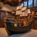 A whimsical childrens playroom with a pirate ship play structure and hidden treasure chests1