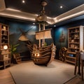 A whimsical childrens playroom with a pirate ship play structure and hidden treasure chests3