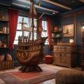 A whimsical childrens playroom with a pirate ship play structure and hidden treasure chests4