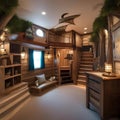 A whimsical childrens playroom with a pirate ship play structure and hidden treasure chests2