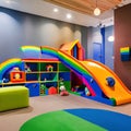 Whimsical Childrens Playroom: A playful space with a rainbow-colored slide, a treehouse reading corner, and oversized stuffed an