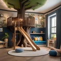 A whimsical childrens playroom with a treehouse-inspired reading nook and climbing wall1 Royalty Free Stock Photo