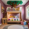 A whimsical childrens room with a treehouse bed, colorful murals, toy chests, and a play area filled with stuffed animals1 Royalty Free Stock Photo