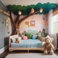 A whimsical childrens room with a treehouse bed, colorful murals, toy chests, and a play area filled with stuffed animals3 Royalty Free Stock Photo