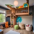 A whimsical childrens room with a treehouse bed, colorful murals, toy chests, and a play area filled with stuffed animals2 Royalty Free Stock Photo