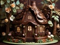 A whimsical chocolate cottage nestled amidst a chocolate forest, colorful flowers, fantasy art