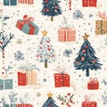 A whimsical Christmas pattern featuring charmingly illustrated Christmas trees, gift boxes, and festive elements, creating a Royalty Free Stock Photo
