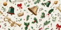 Whimsical Christmas pattern of scattered holiday elements like bells, holly, and musical notes on a speckled light background for Royalty Free Stock Photo
