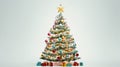 A whimsical Christmas tree decorated with vintage toys, colorful paper chains, and old-fashioned bubble lights